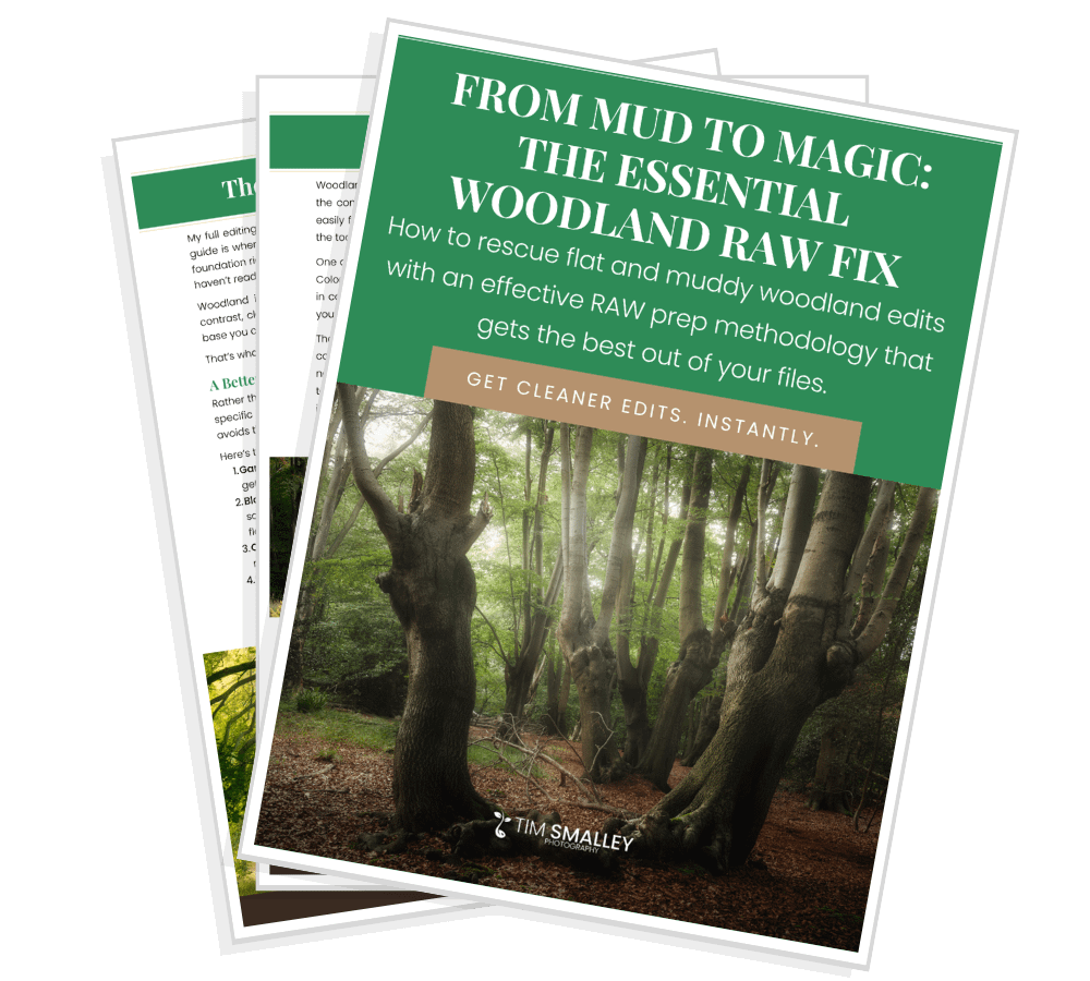 1 Three overlapping pages of a digital guide titled *From Mud to Magic: The Essential Woodland RAW Fix*, featuring a misty woodland scene. The subtitle provides RAW photo editing tips for woodland images. The authors name, Tim Smalley, appears at the bottom.