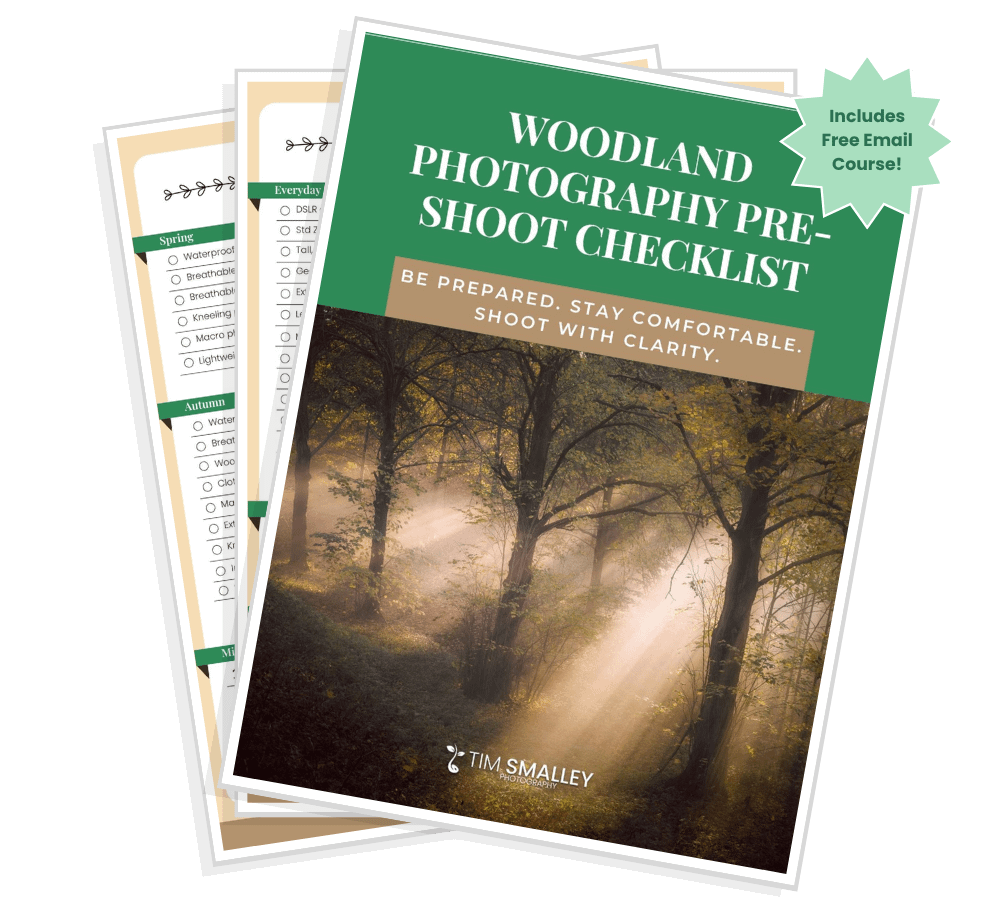 Mockup with starburst - preshoot checklist Three staggered checklist pages; the top page is titled “Woodland Photography Pre-Shoot Checklist.” Sunbeams can be seen filtering through a forest. A green starburst proclaims, “Includes Free Email Course!” The bottom pages display seasonal task lists with tick boxes.