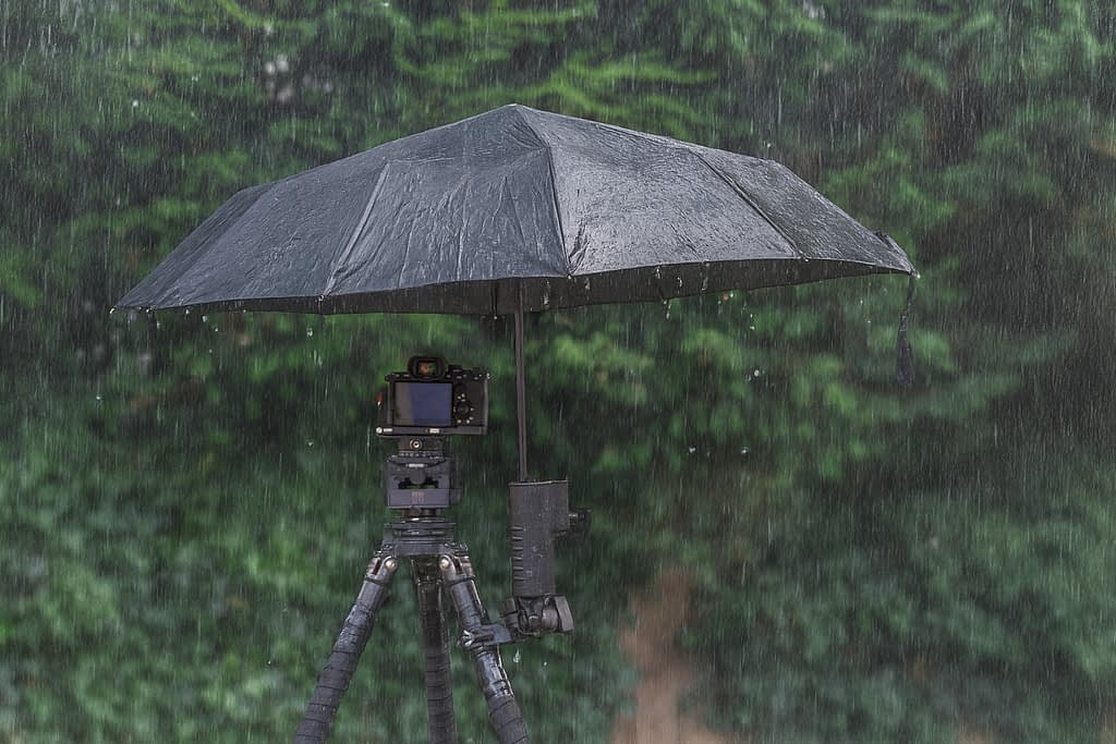 A digital camera on a tripod stands outdoors in heavy rain, shielded by a large black umbrella mounted above it. This arrangement keeps the camera dry while it photographs trees in the rain, with blurred green woodland foliage visible in the background.