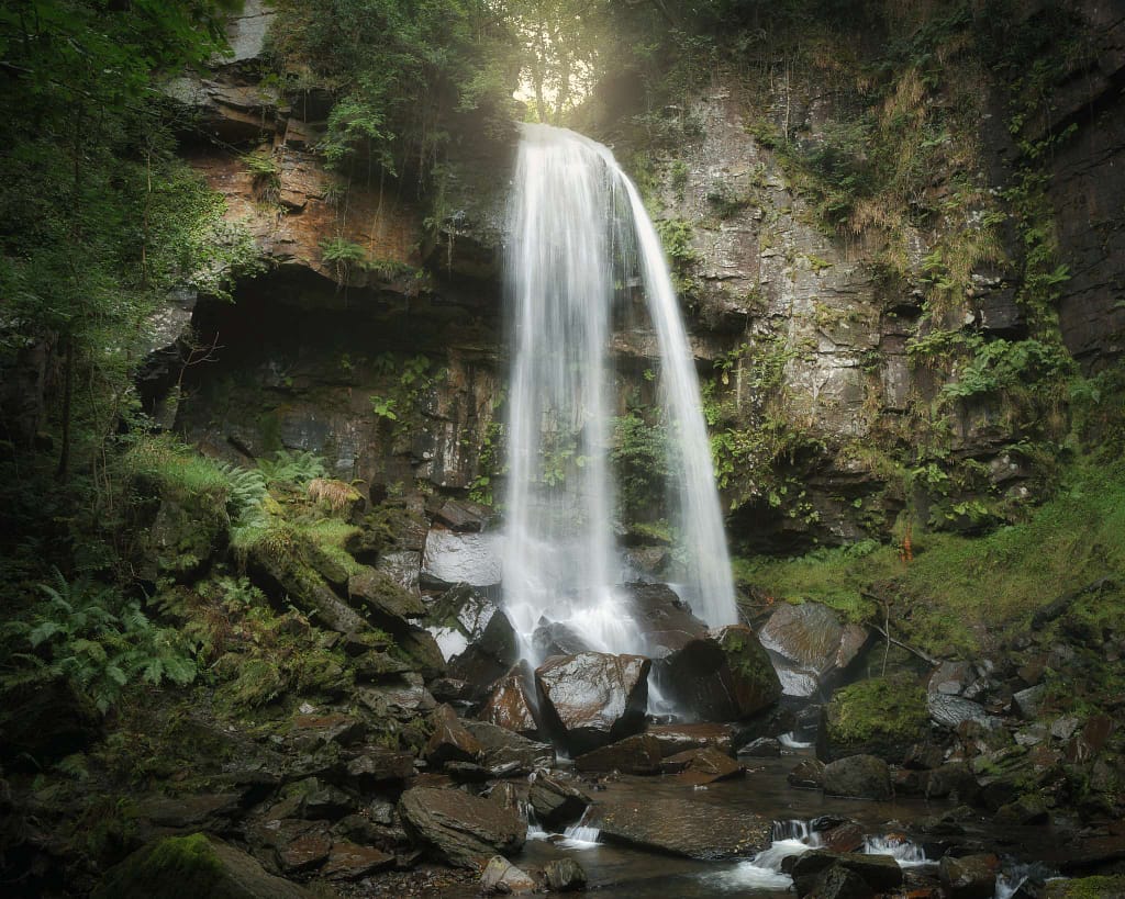 A tranquil waterfall tumbles over a rocky cliff, surrounded by lush green foliage. Sunlight filters through the trees above, illuminating the scene. Water flows into a pool at the base, with moss-covered rocks and ferns enhancing the peaceful, natural atmosphere. A great example that highlights the importance of using the best camera settings for woodland photography.