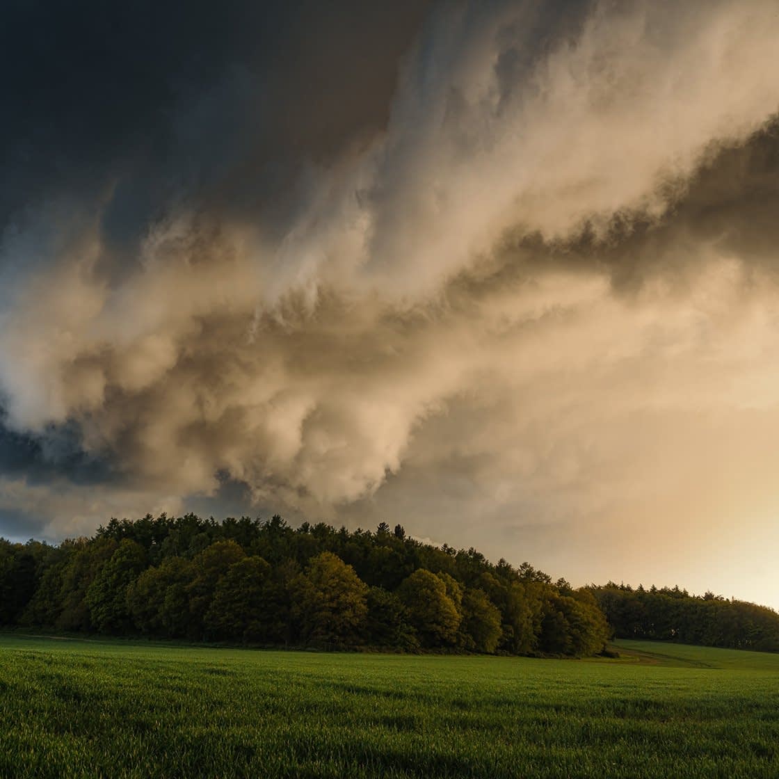 moody-skies-index A dramatic sky with dark, swirling storm clouds looms over a lush green field on the way back from a woodland walk. The sun sets on the right, casting a warm glow on the horizon. A dense line of trees separates the field from the sky, creating a vivid contrast between the serene land and turbulent atmosphere above.