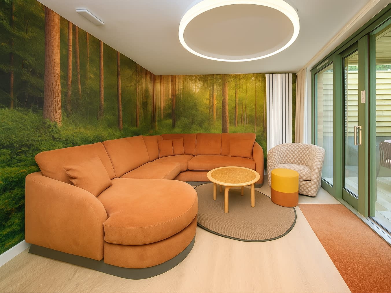 Forest Feature Wall Murals A cosy living room with an orange curved sectional sofa, a round wooden coffee table, an armchair, and a small yellow ottoman. The wall features a bespoke forest feature wall mural, and large glass doors open onto an outdoor patio. The lighting is soft and modern.