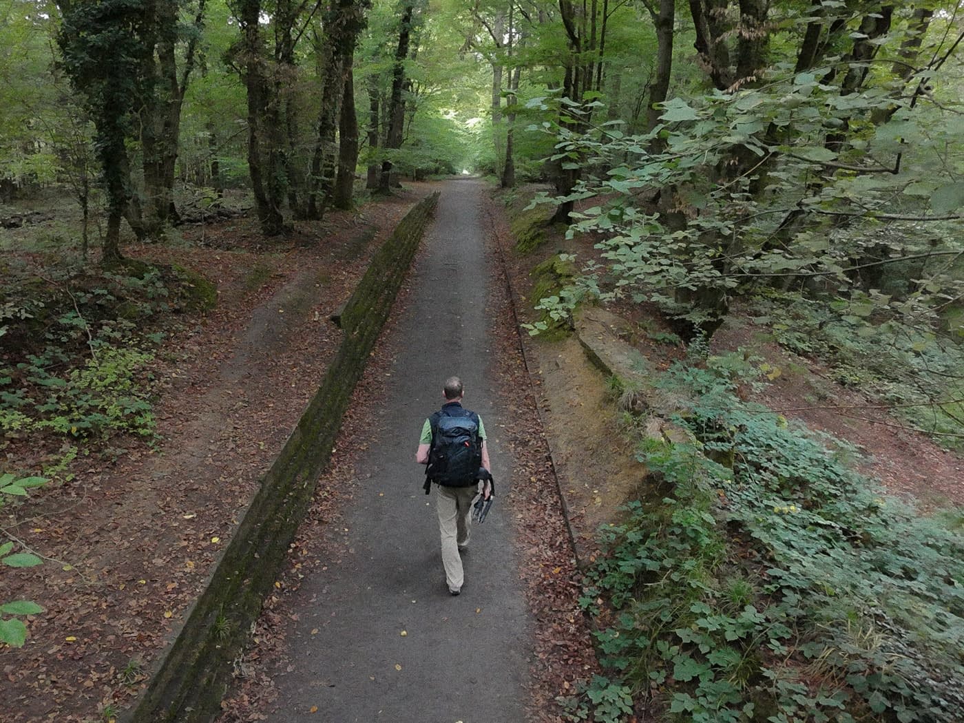 Photographer Tim Smalley with backpack and tripod walking away down a straight woodland path beside a low mossy wall.