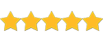 Five yellow stars aligned horizontally on a transparent background, representing a five-star rating.