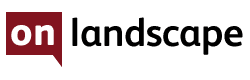 onlandscape2 Logo featuring a dark red speech bubble with the word "on" in lowercase white letters. Adjacent to the speech bubble, in lowercase black letters, is the word "landscape". The background of the logo is white.
