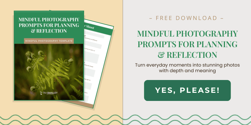 A promotional image for a complimentary download titled Mindful Photography Prompts for Planning & Reflection. The image displays a template with a green cover featuring a close-up photograph of a fern. In the bottom right corner on a beige background, there is a button labelled Yes, Please!