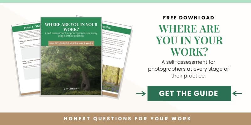 A promotional banner featuring a booklet titled Where Are You in Your Work? A self-assessment for photographers. Free download offered with a Get the Guide button. The design incorporates green and white colours.