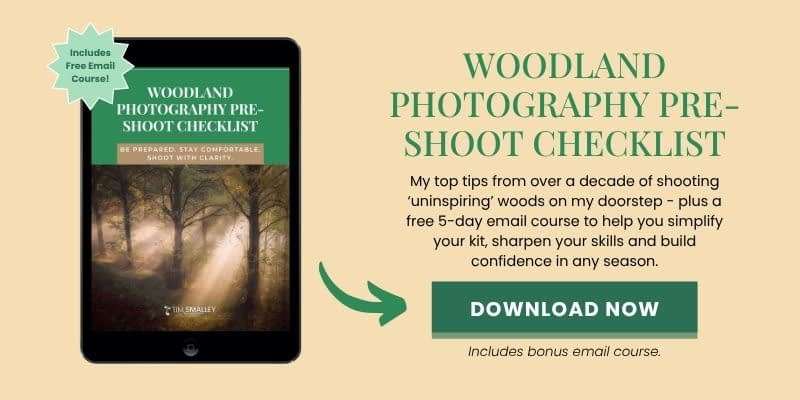 An advert features a tablet displaying the book cover “Woodland Photography Pre-Shoot Checklist.” The text offers a free email course and woodland photography packing list. A green “Download Now” button with an arrow points below, set against a light beige background.