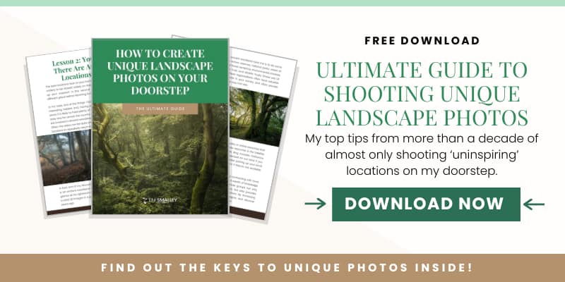 2 Promotional image for a free download titled "Ultimate Guide to Capturing Unique Landscape Photographs", showcasing a book cover with forest imagery and a partial view of the book's pages. Features a 'Download Now' button and a banner inviting viewers to explore unique photography techniques.