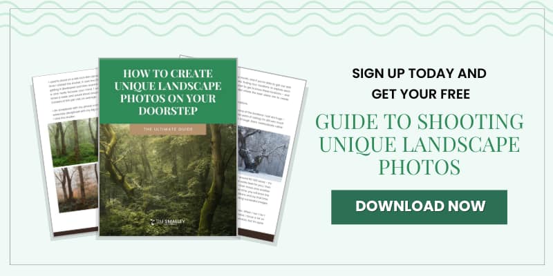 A promotional image showcases an eBook titled How to Create Unique Landscape Photos on Your Doorstep. It presents open book pages displaying nature scenes and text. A call to action on the right reads, Sign up today and receive your free guide to capturing unique landscape photos. Download now.